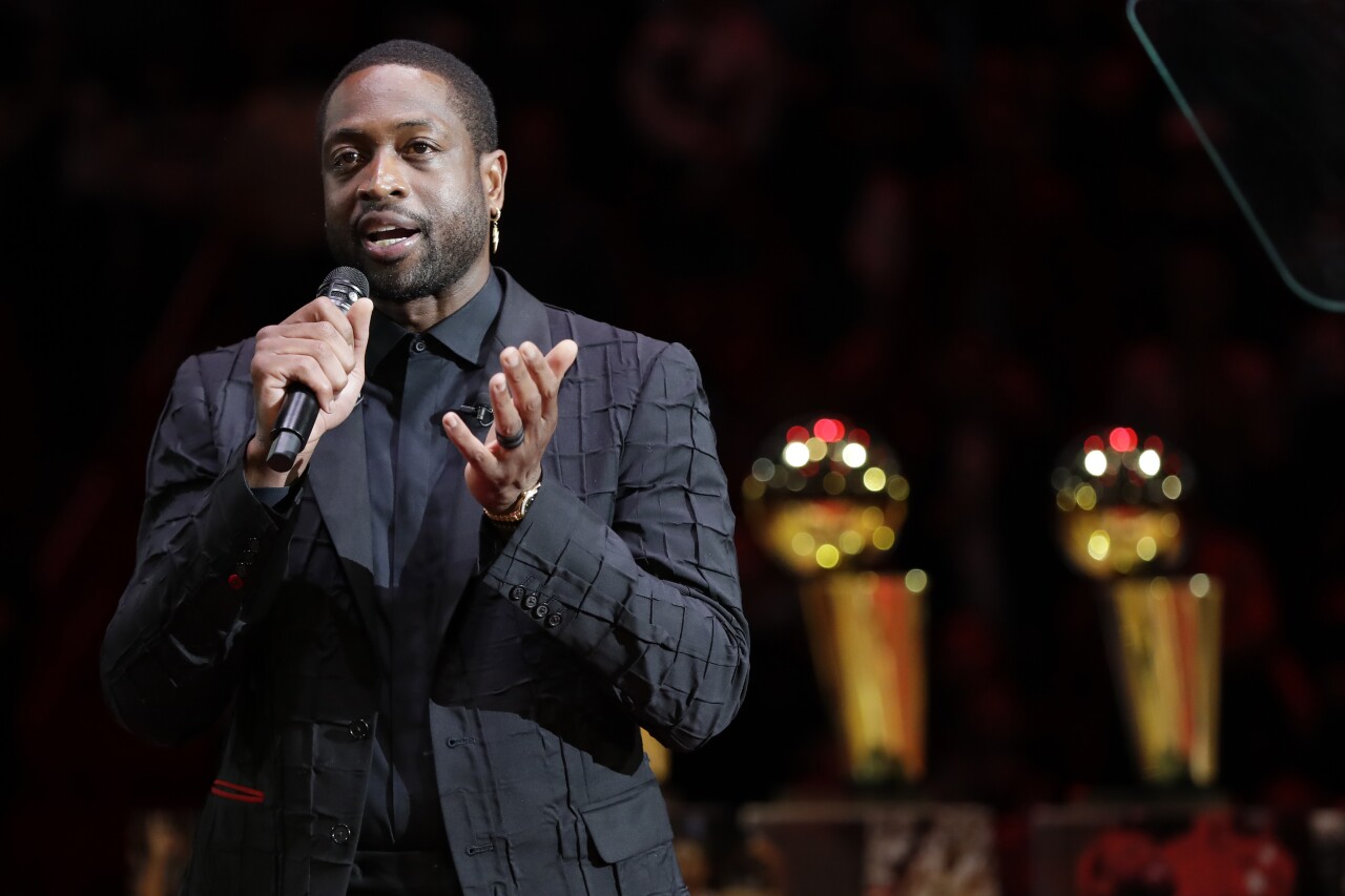 Dwyane Wade speaks during jersey retirement ceremony with Miami Heat in 2020