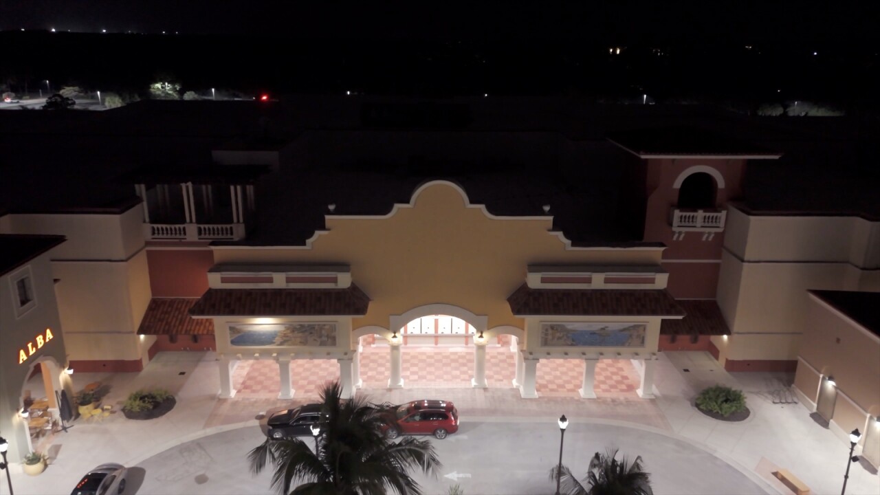 An aerial view of the vacant movie theater lot at Coconut Point. 