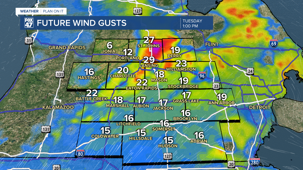 Storms Tuesday afternoon could produce wind gusts in excess of 40 mph with storms potentially continuing into the evening hours