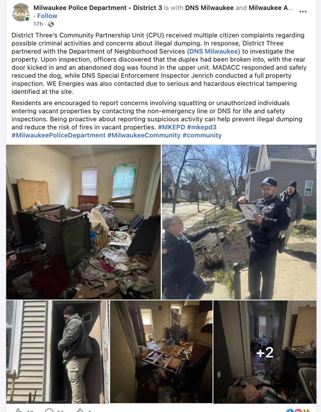 Milwaukee Police District Three Facebook post showing photos from inside the property after officers responded.