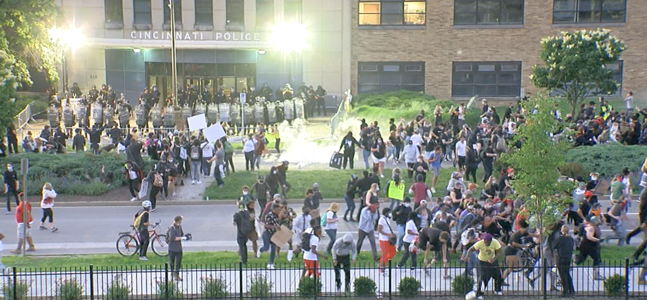 Protests outside Cincinnati Police District One Headquarters on May 30.
