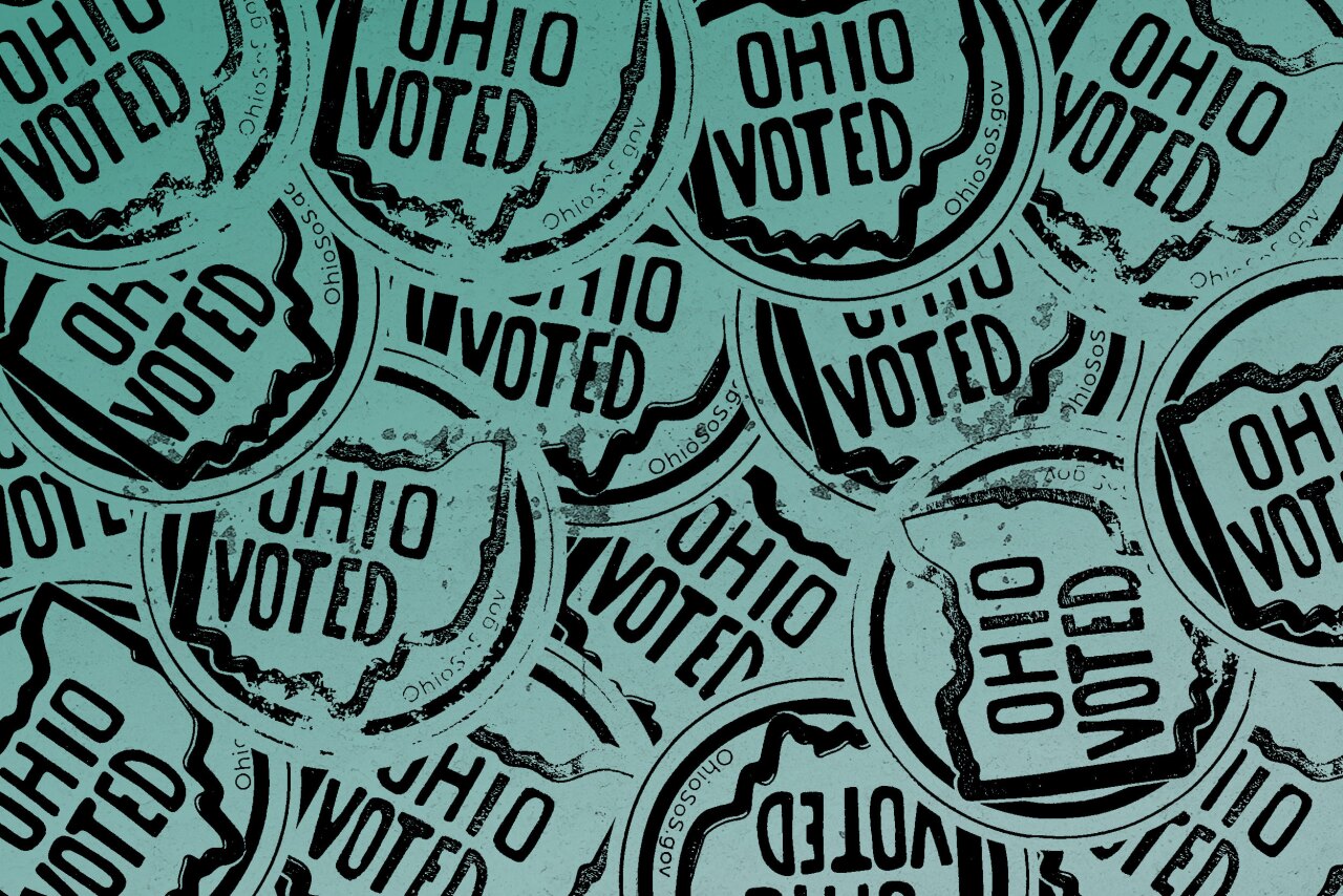 A collage illustration of light blue stickers that read “Ohio voted” within the outline of Ohio state.