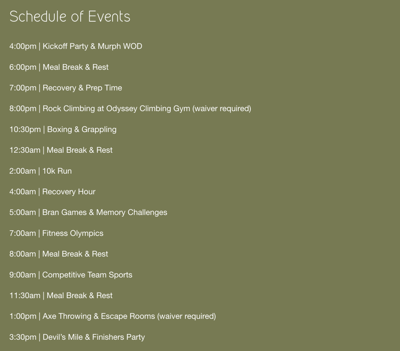 Schedule of events for Endure Just Finish