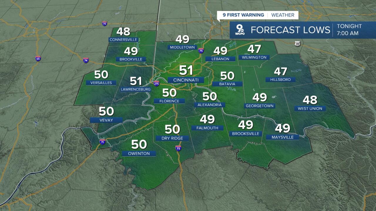 Lows in the 40s and 50s to start Monday