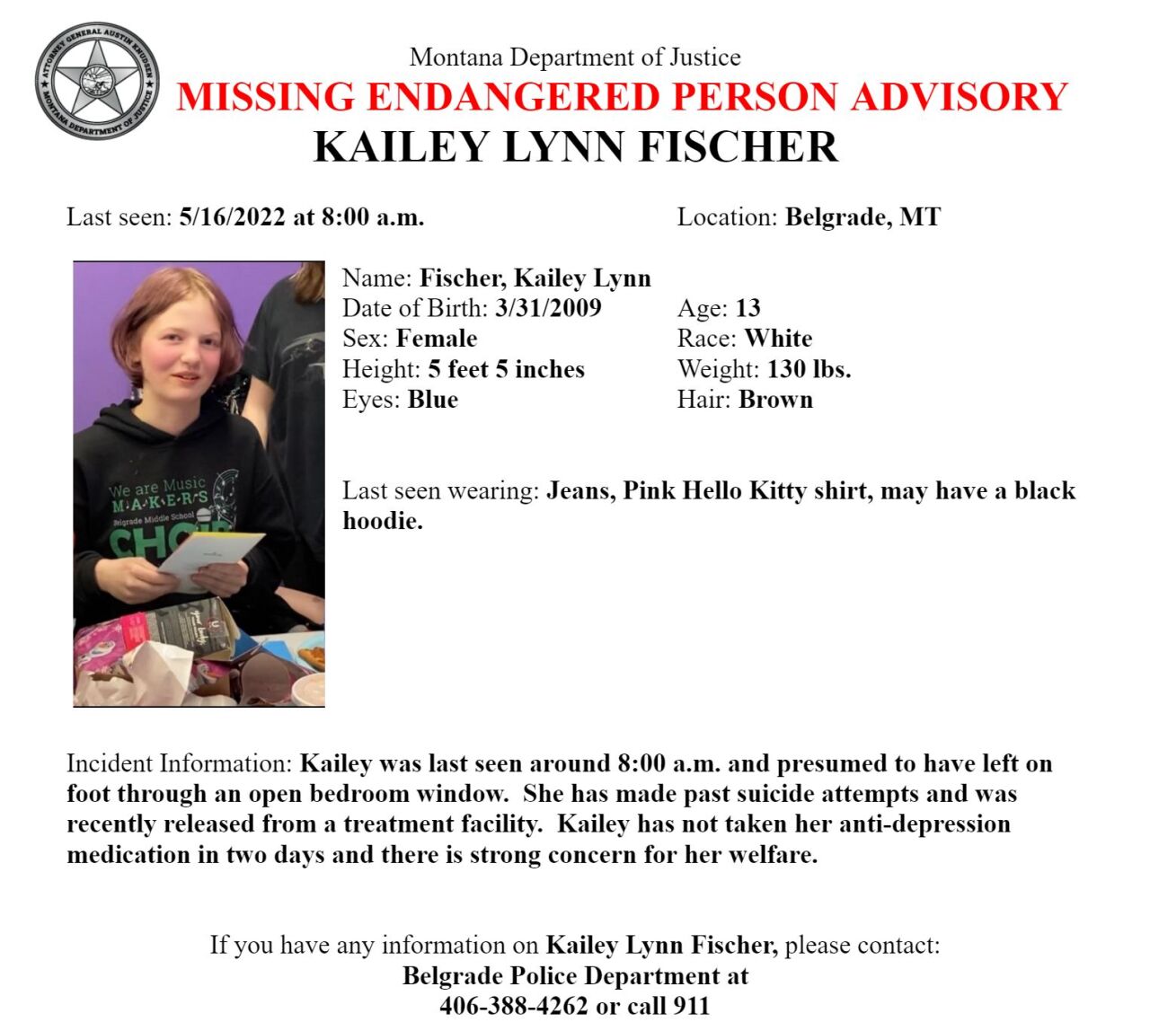 Missing/Endangered Person Advisory for Kailey Lynn Fischer