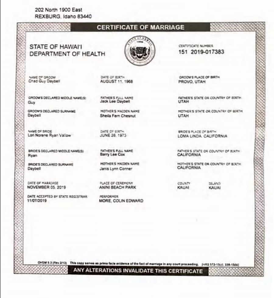 Daybell Certificate of Marriage
