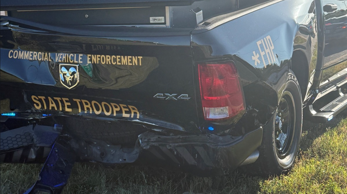 The trooper was taken to the hospital with non-life-threatening injuries