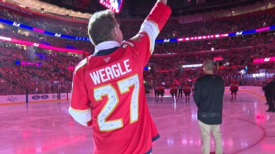 WPTV First Alert Weather chief meteorologist Steve Weagle was honored at the Philadelphia Flyers versus Florida Panthers hockey game on Nov. 26, 2025.