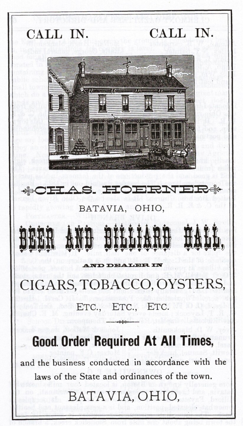 Advertisement for Karl Hoerner's tavern in Batavia.