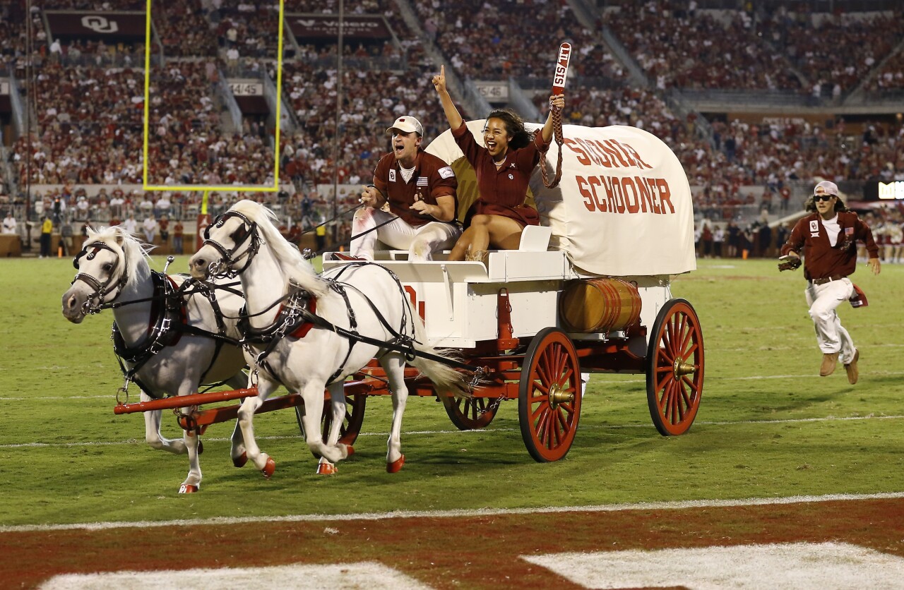 Sooner Schooner rides across field at Oklahoma Sooners game in 2021