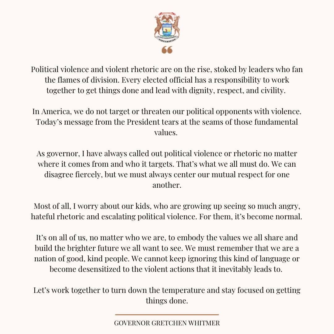 Gov. Gretchen Whitmer statement on Donald Trump death threats