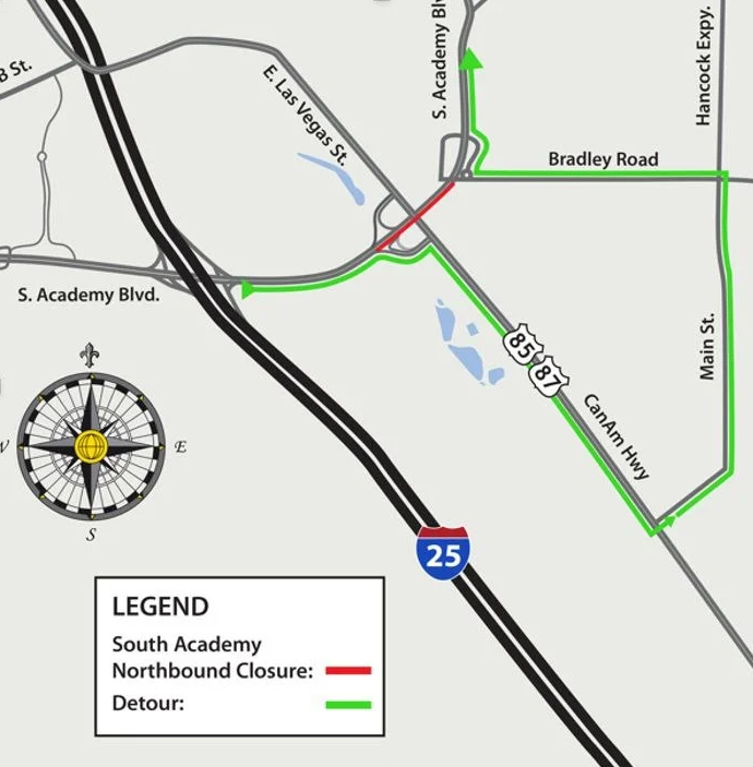 Detour map for northbound South Academy