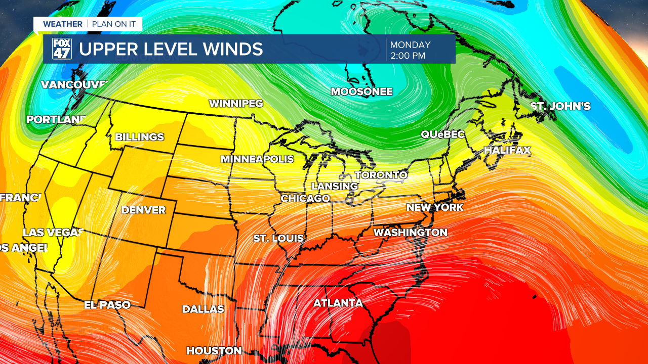 Zonal flow aloft allows for the possibility for pop up showers Monday and Tuesday across Mid-Michigan