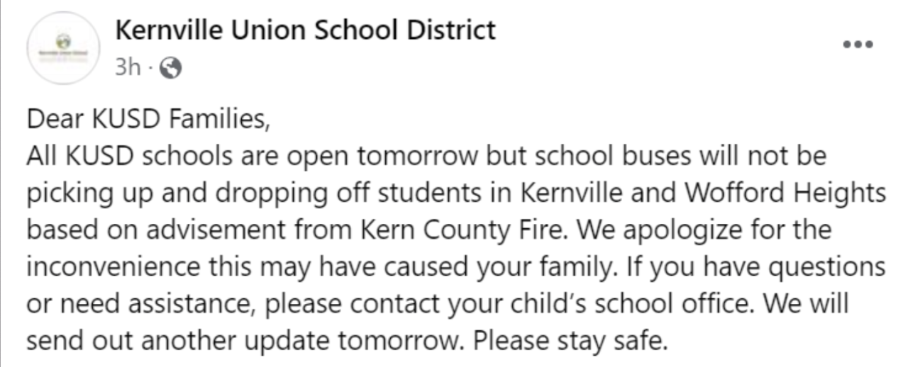 kusd no buses in kernville or wofford