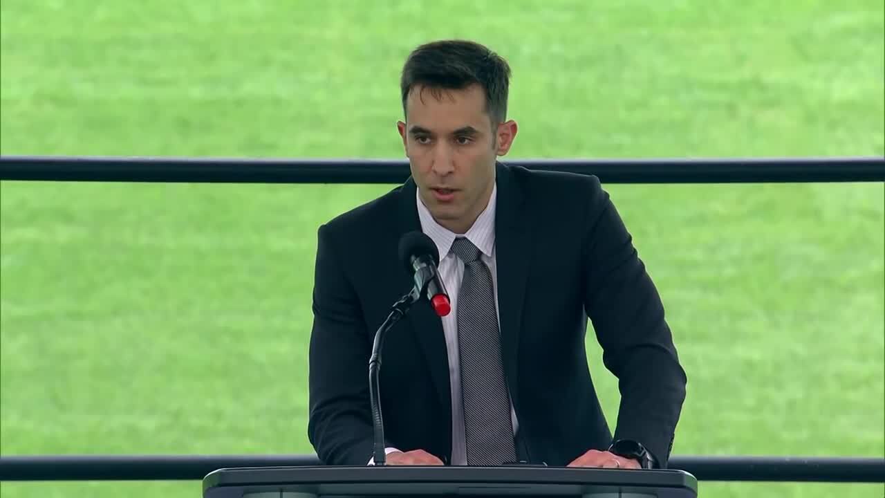 Denis Alfin speaks at memorial service for brother Daniel Alfin at Hard Rock Stadium, Feb. 7, 2021