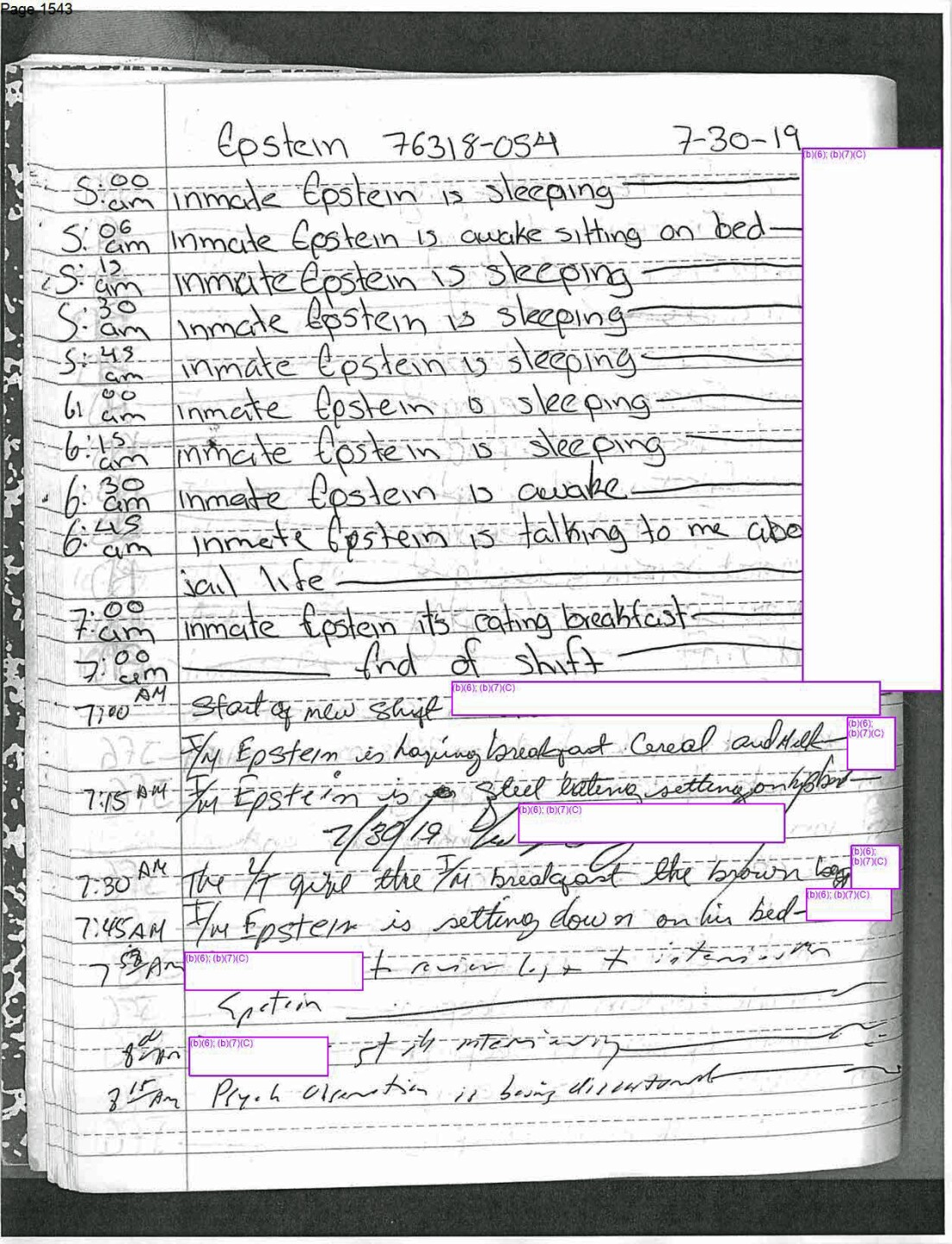 Jail notes from Federaul Bureau of Prisons about Jeffrey Epstein, 7-30-19
