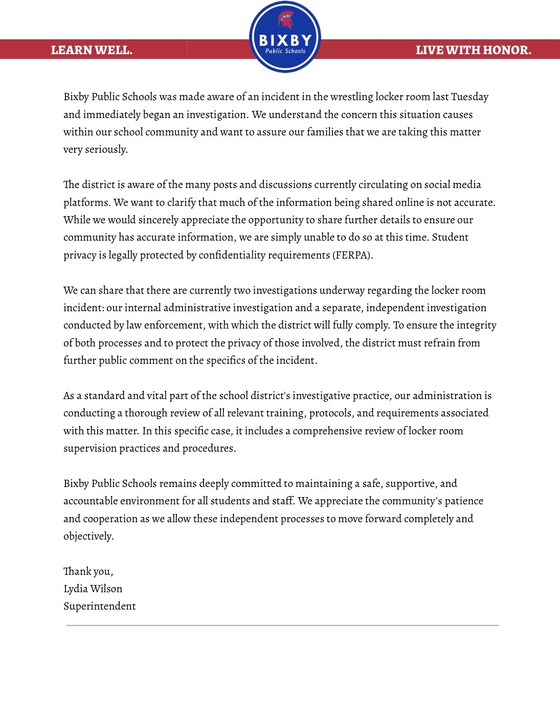 Bixby Public Schools Statement