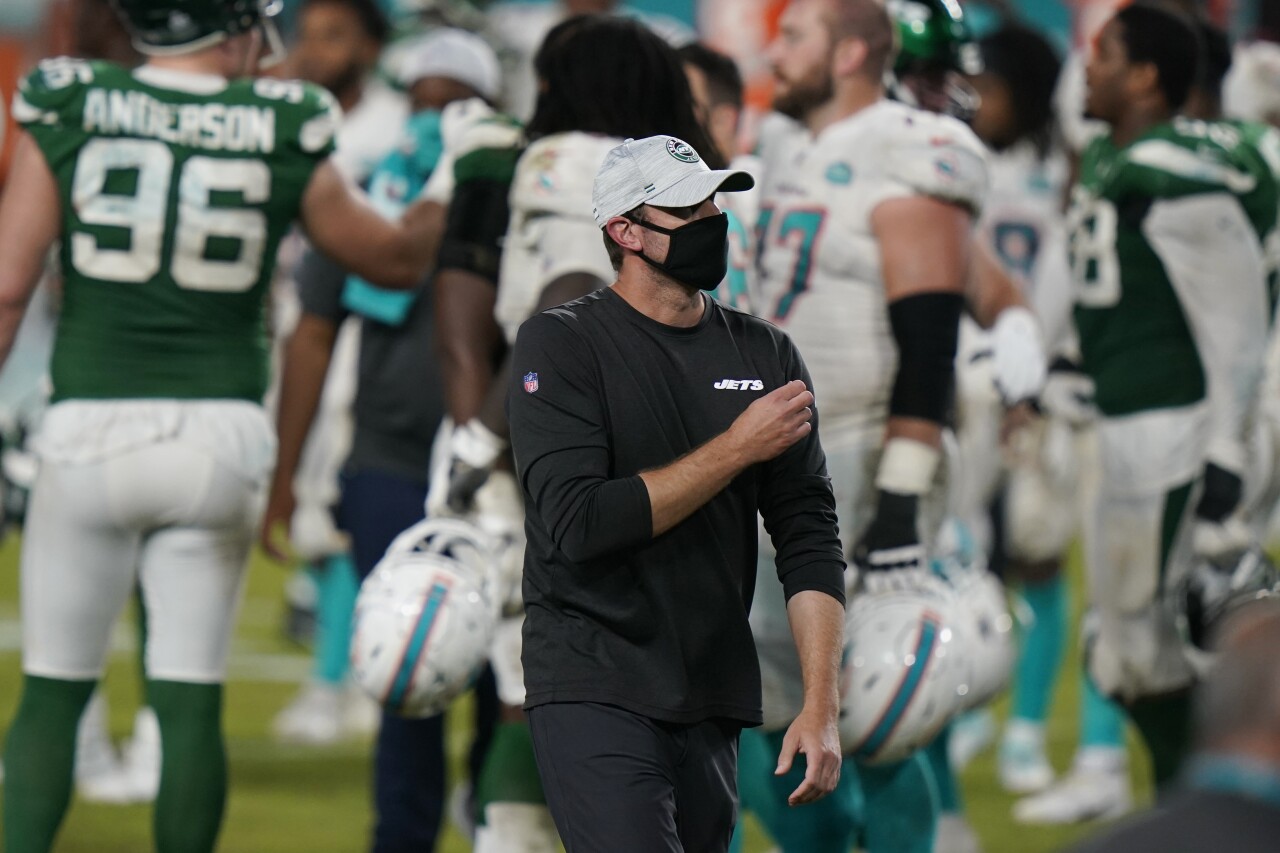 New York Jets head coach Adam Gase walks off field after loss to Miami Dolphins, Oct. 18, 2020