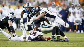 Derek Wolfe and Von Miller sack Cam Newton in Super Bowl 50