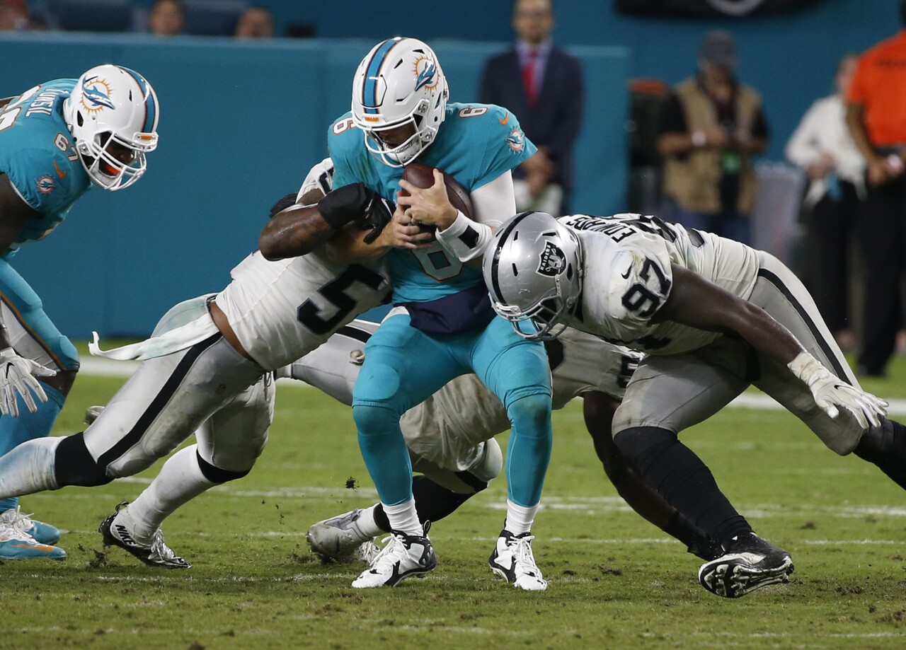 Miami Dolphins quarterback Jay Cutler sacked by Oakland Raiders on 'Sunday Night Football' in 2017