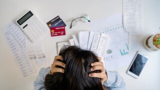 Stressed,Young,Woman,Calculating,Monthly,Home,Expenses,,Taxes,,Bank,Account