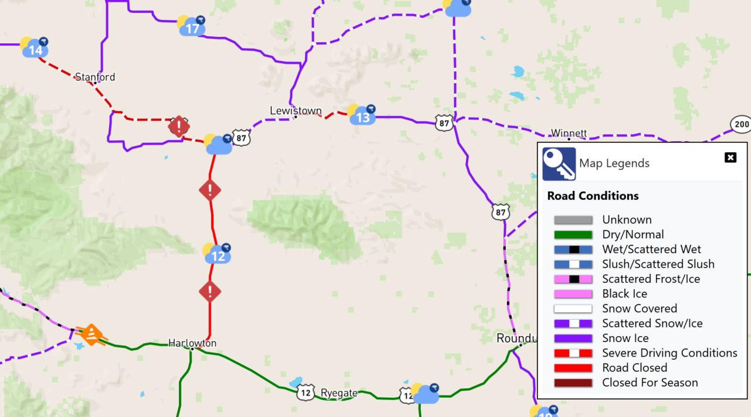 Hazardous driving conditions in central Montana