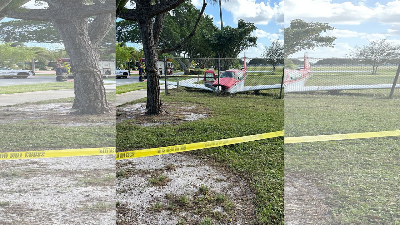 small plane pressed against fence after crash at North Perry Airport, Oct. 26, 2023