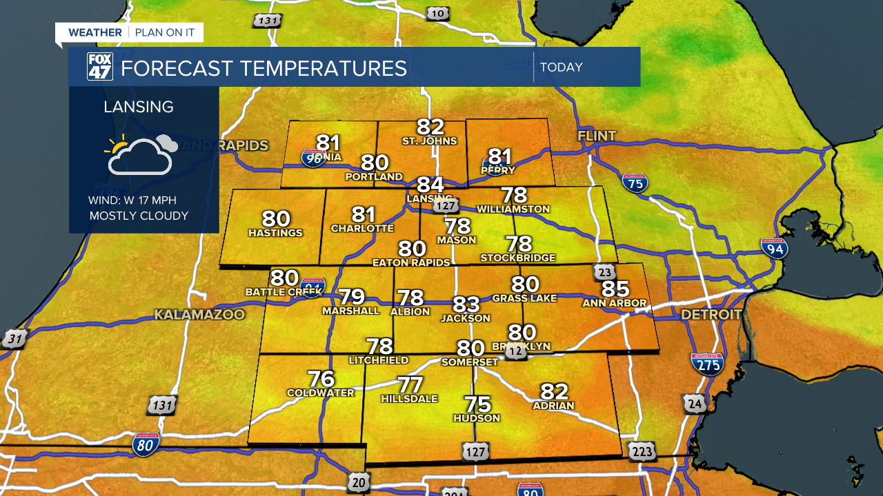 Temperatures remain near normal today across Mid-Michigan in the mid to lower 80's for most as we track isolated storms