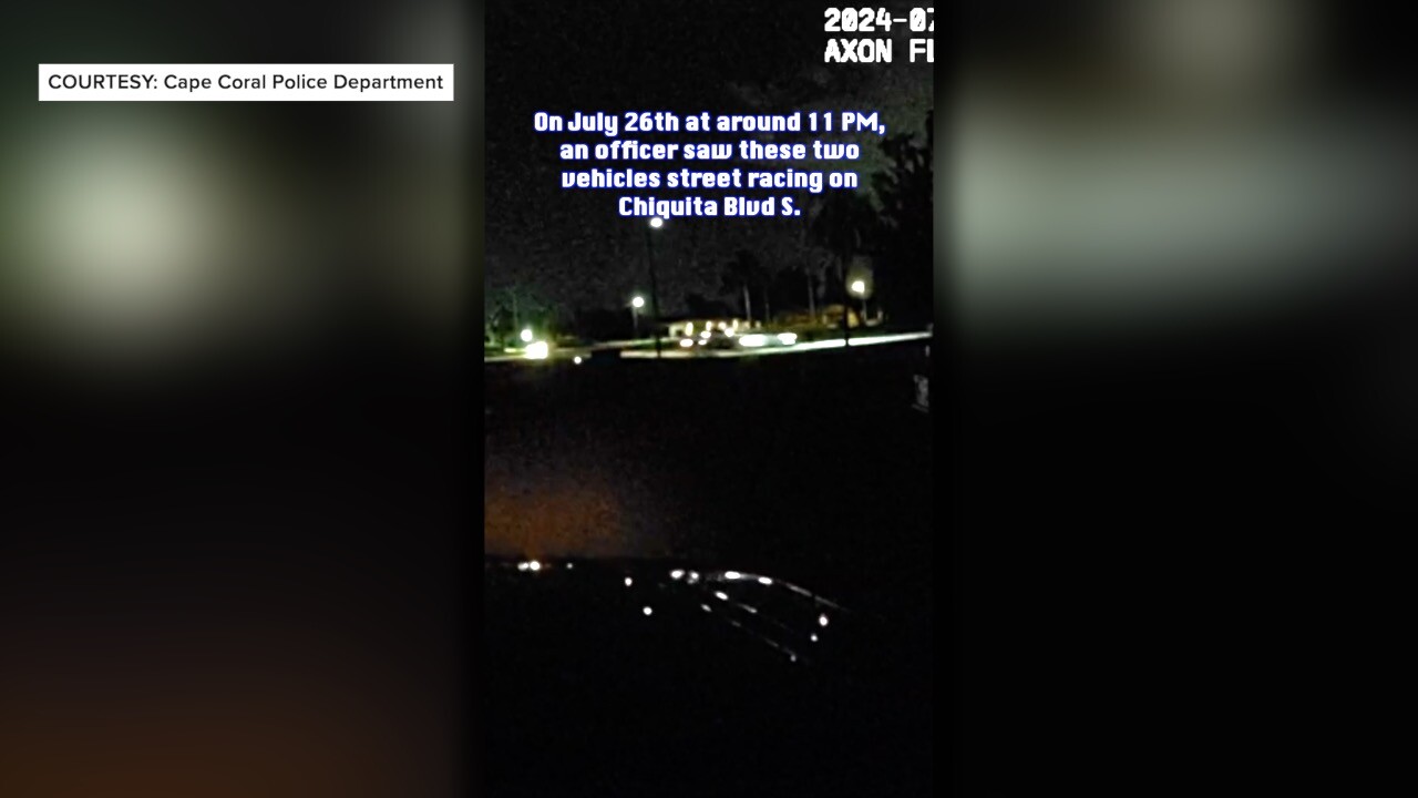 Cape Coral Police officer watching a black BMW and a silver coupe race down Chiquita Blvd.