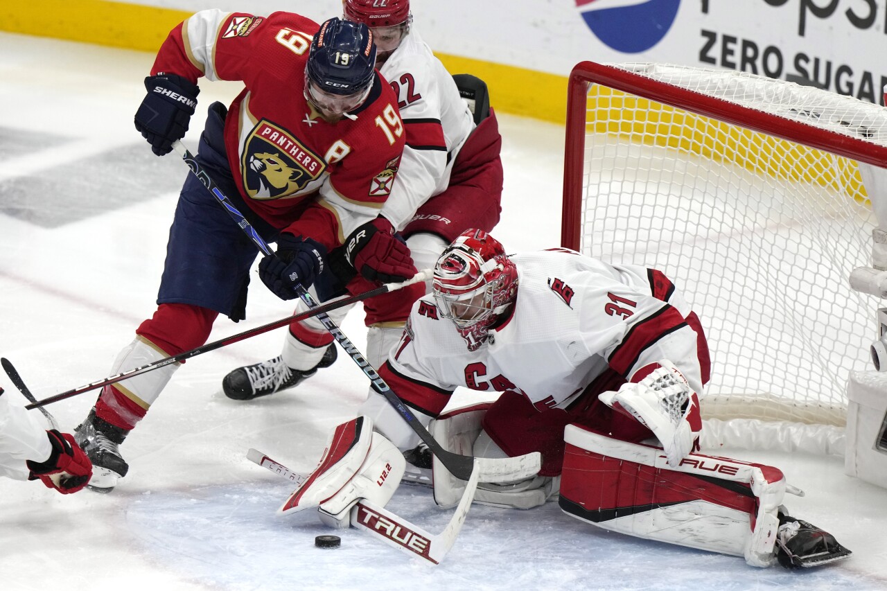Carolina Hurricanes goaltender Frederik Andersen defends Florida Panthers right wing Matthew Tkachuk during second period of Game 4 of NHL Eastern Conference final series, May 24, 2023