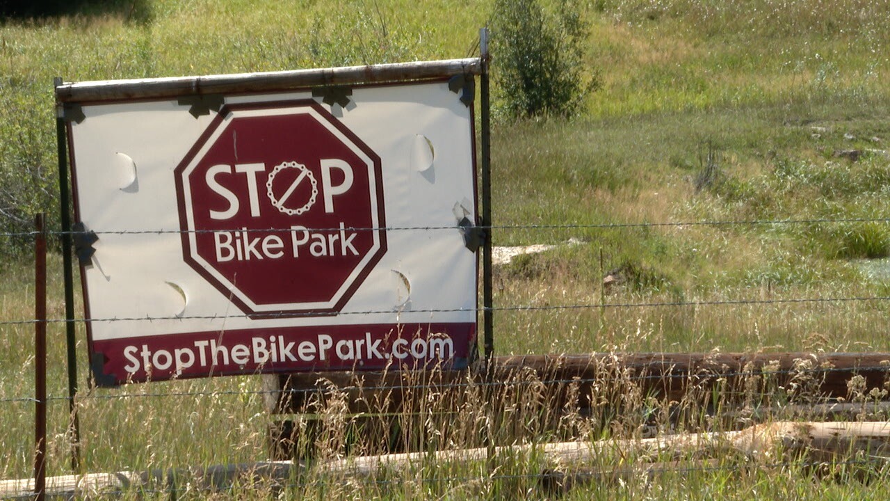 Stop Bike Park sign along Shadow Mountain Road