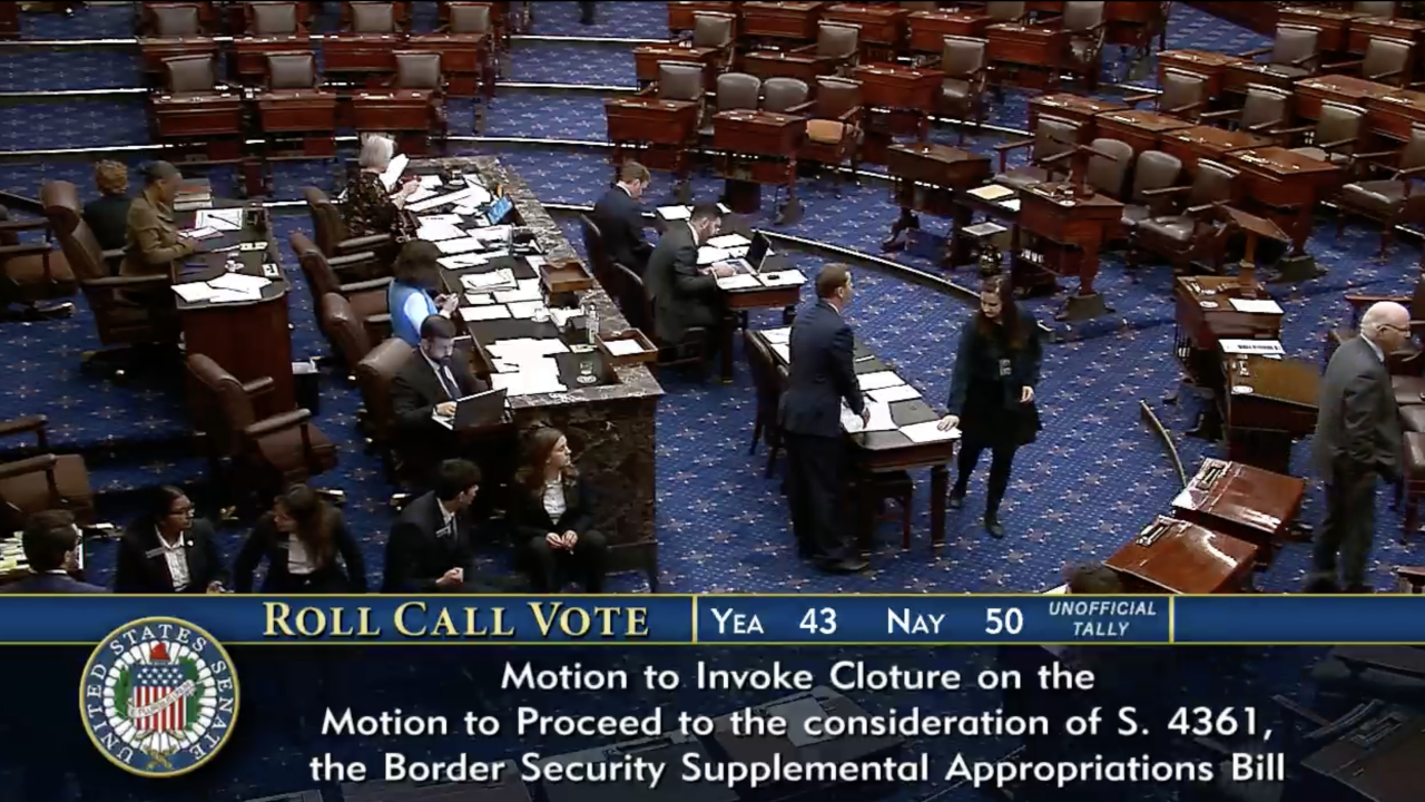 Chart of the U.S. Senate roll-call vote outcomes on immigration/border bills (e.g., 2013 Gang of Eight 68-32 passage vs. 2024 border deal 49-50 and 43-50 failed cloture votes)