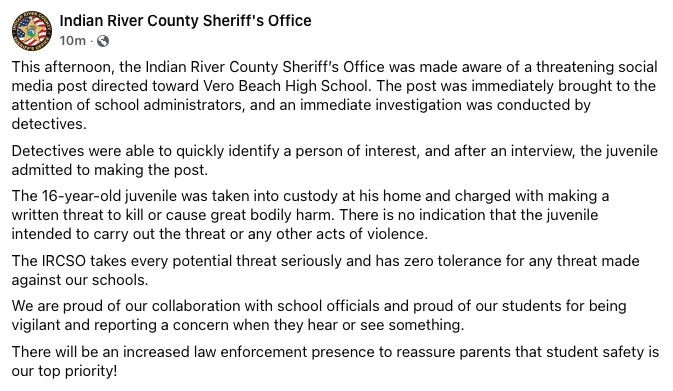 IRCSO Vero Beach High threat