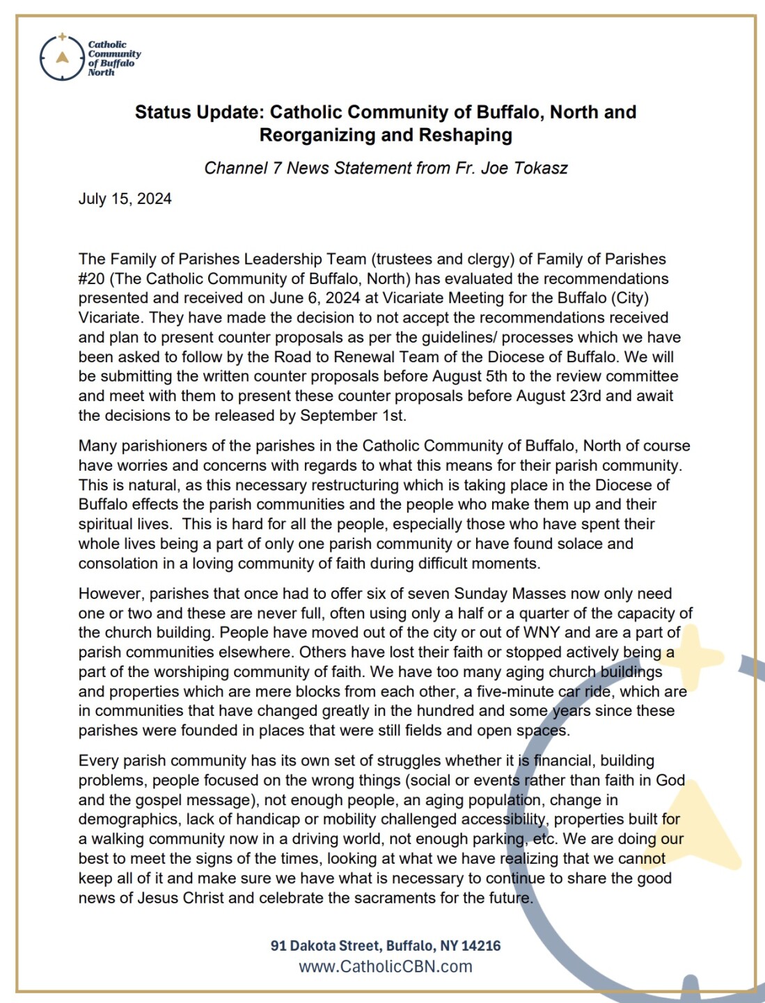 Statement from Fr. Joe Tokasz