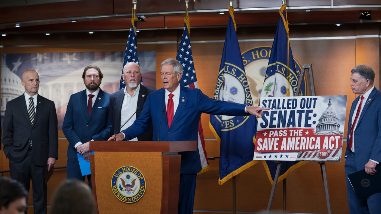 Rep. Ralph Norman, R-S.C., center, is joined by members of the conservative House Freedom Caucus as they criticize the Senate for not acting on the Save America Act at the Capitol in Washington, Thursday, June 25, 2026.