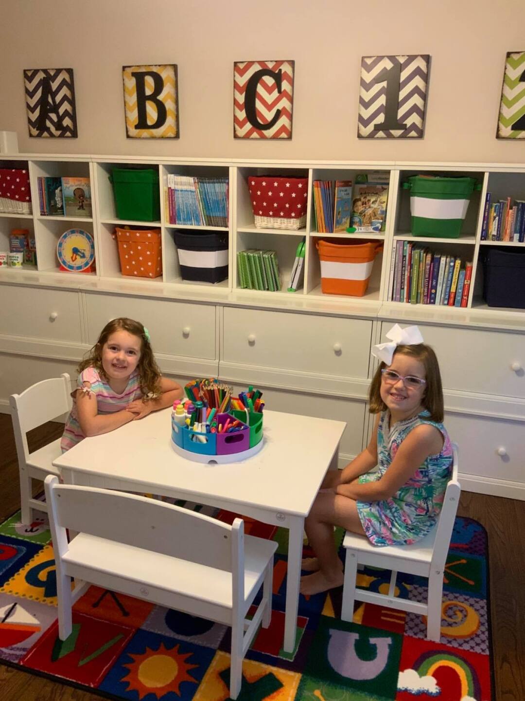 Nora and Anna LaBelle's at-home classroom. Both are learning virtually this fall in the Grosse Pointe Public School District.