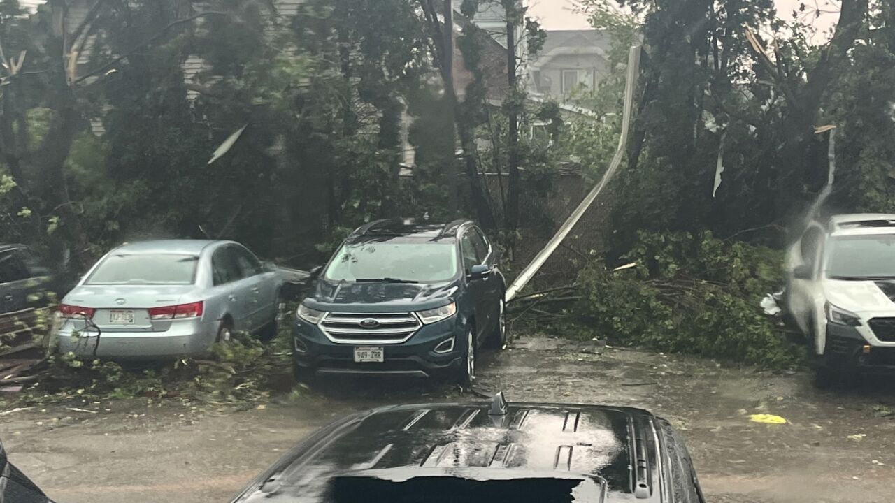 Strong winds damaged an office building on Fourth Street in Menasha