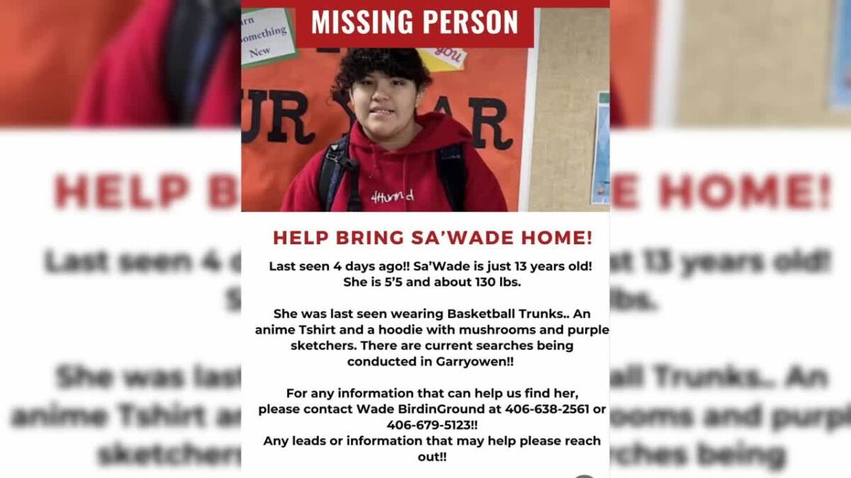 Help bring Sa'Wade Birdinground home - missing person flyer with her photo in red hoodie