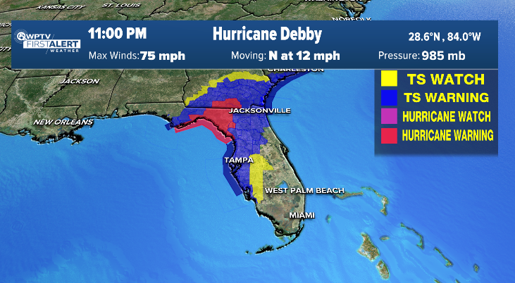 Hurricane Debby watches and warnings 11 p.m. update