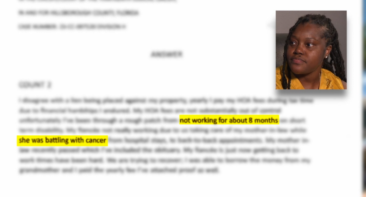 Irena Green said in a court filing she was behind on her HOA dues after losing her job and having to take care of a sick family member