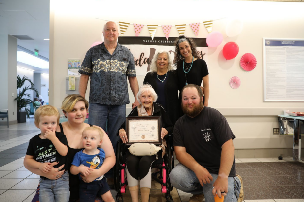 WWII Army Veteran Rhoda Jones, flanked by her granddaughters, celebrated her 100th
birthday at the North Las Vegas Medical Center.