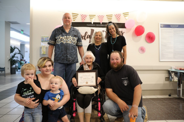 WWII Army Veteran Rhoda Jones, flanked by her granddaughters, celebrated her 100th
birthday at the North Las Vegas Medical Center. 