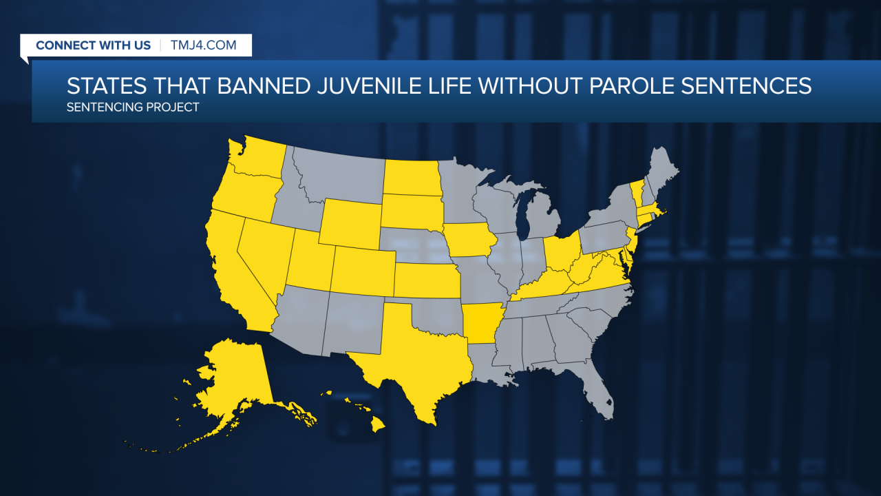 States that banned juvenile life without parole sentences.