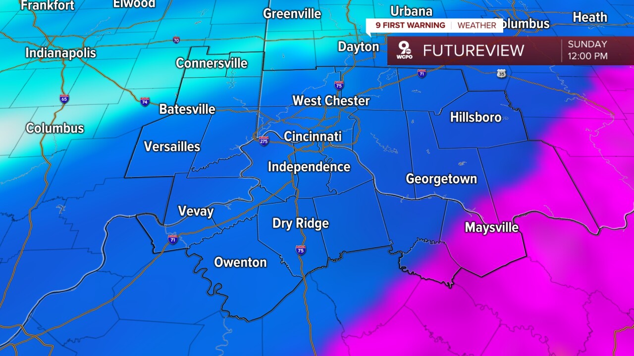 Sunday afternoon snowfall, sleet to the southeast