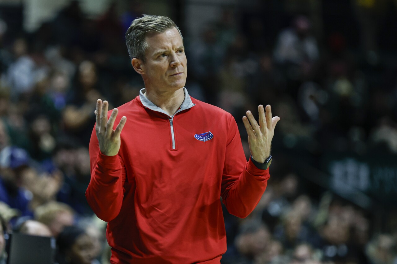 FAU Owls head coach Dusty May reacts to call at Charlotte 49ers, Jan. 6, 2024