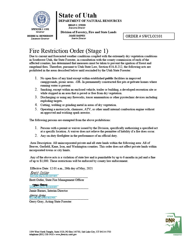 Stage 1 order for SW Utah