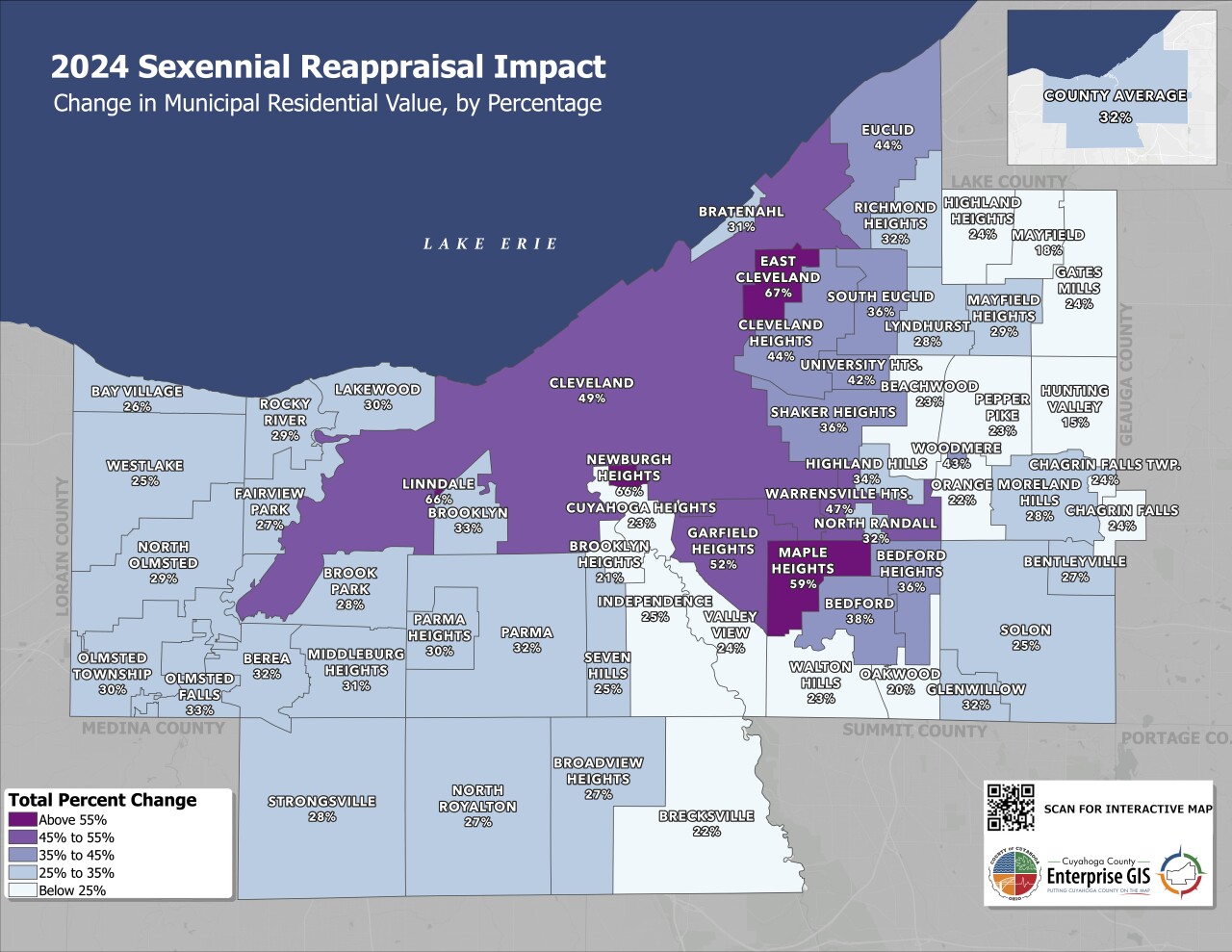 A map shows planned increases in residential property values ​​throughout Cuyahoga County.