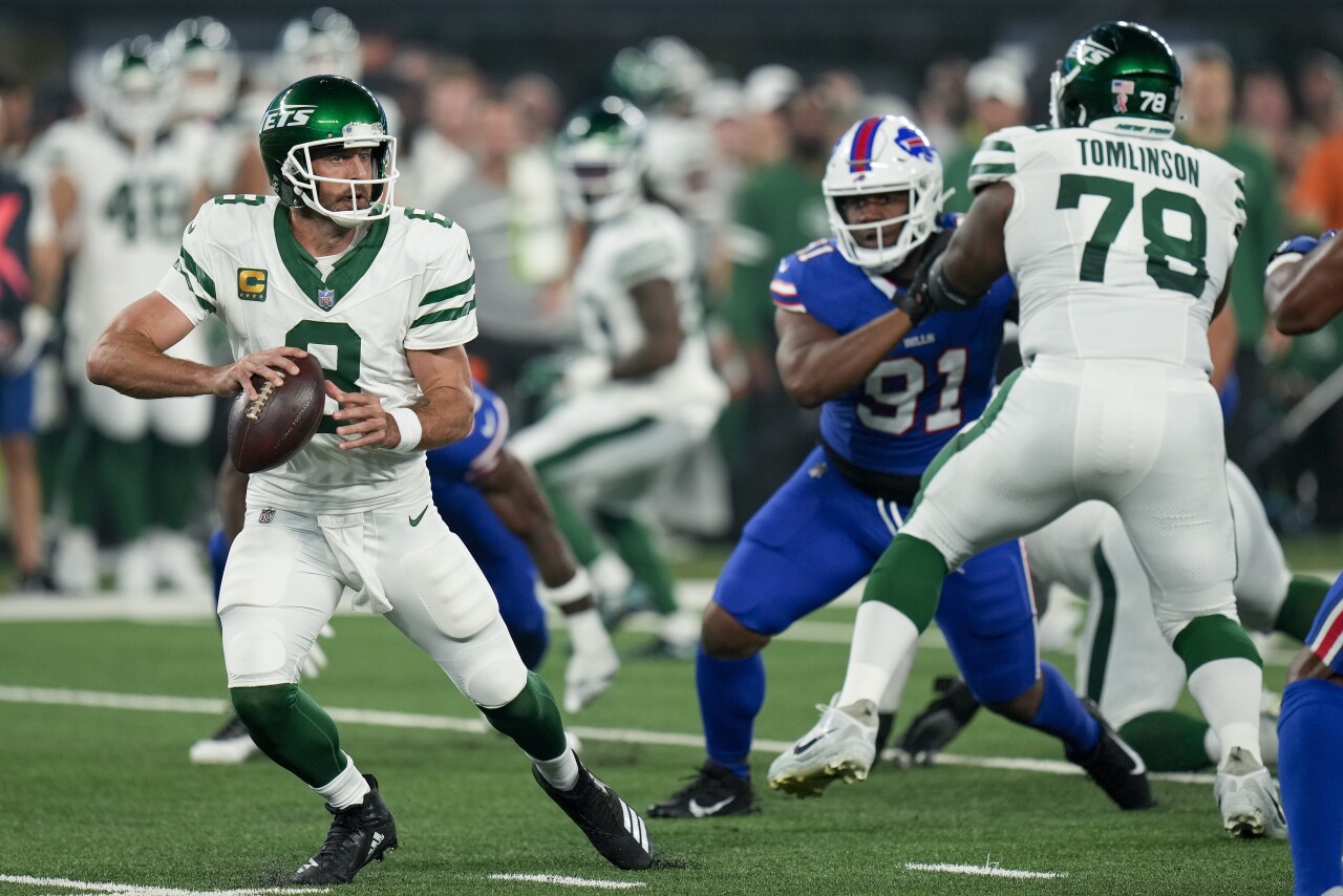 New York Jets QB Aaron Rodgers looks to pass during first quarter vs. Buffalo Bills, Sept. 11, 2023