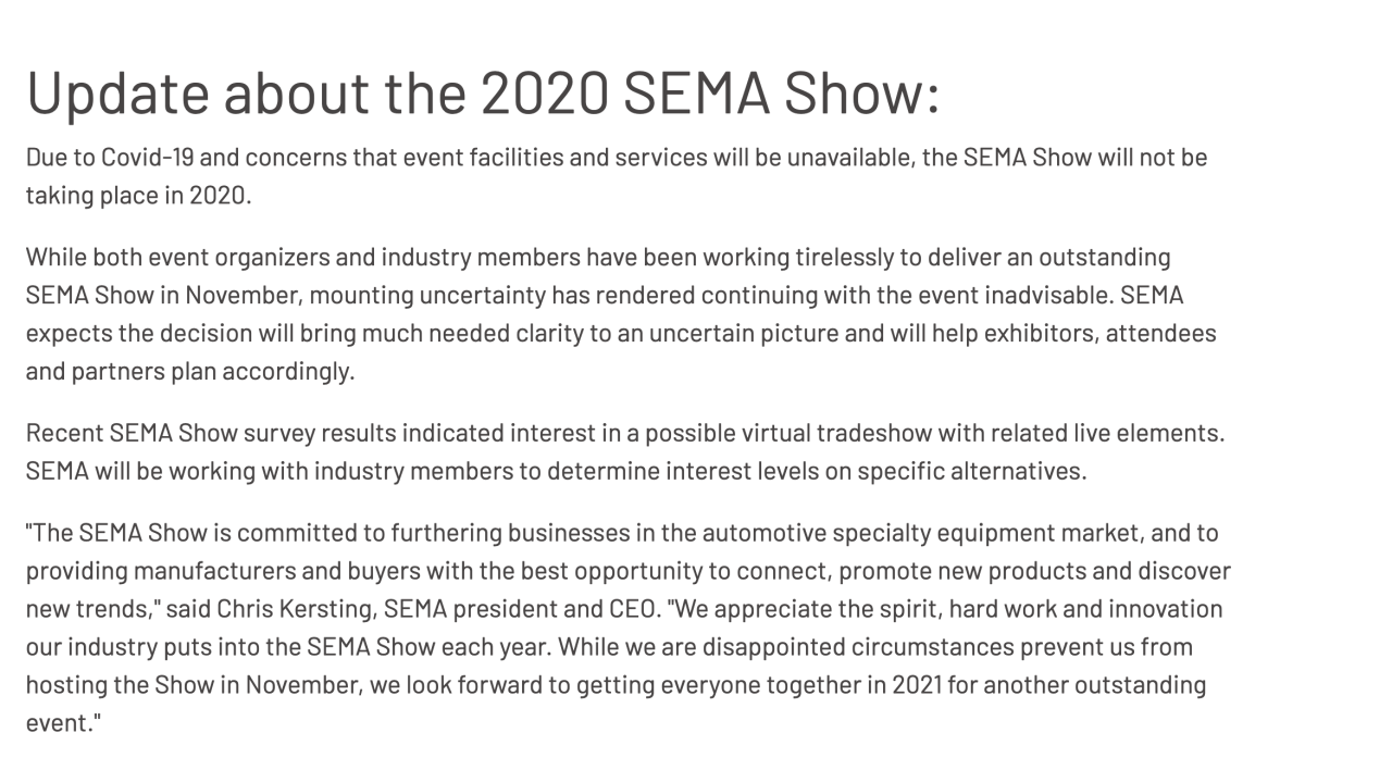 News Specialty Equipment Market Association (SEMA)