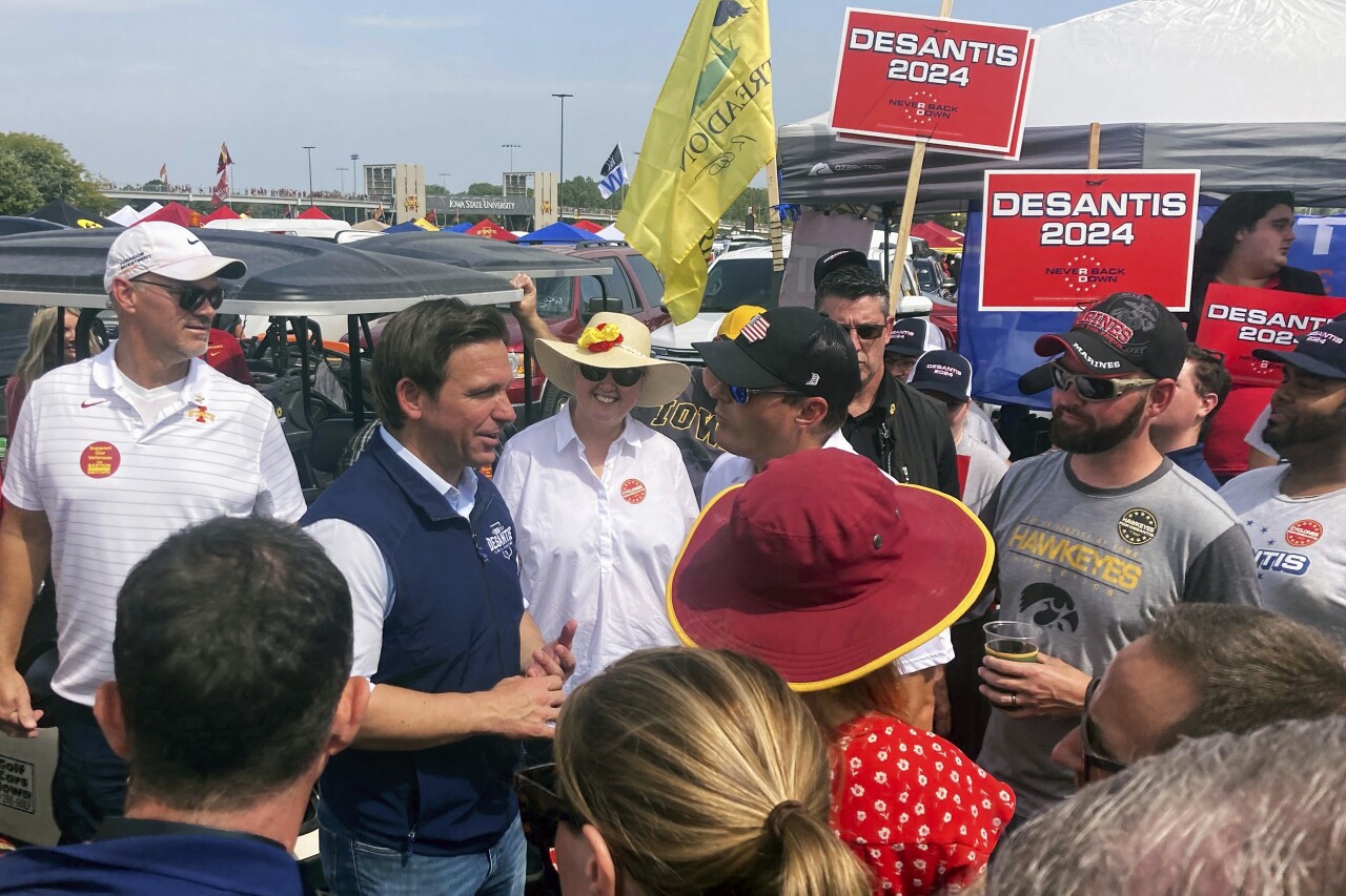 Republican presidential candidate Florida Gov. Ron DeSantis greets people at Iowa State University before an NCAA college football game between Iowa State and Iowa, Saturday, Sept. 9, 2023, in Ames, Iowa. (AP Photo/Hannah Fingerhut)